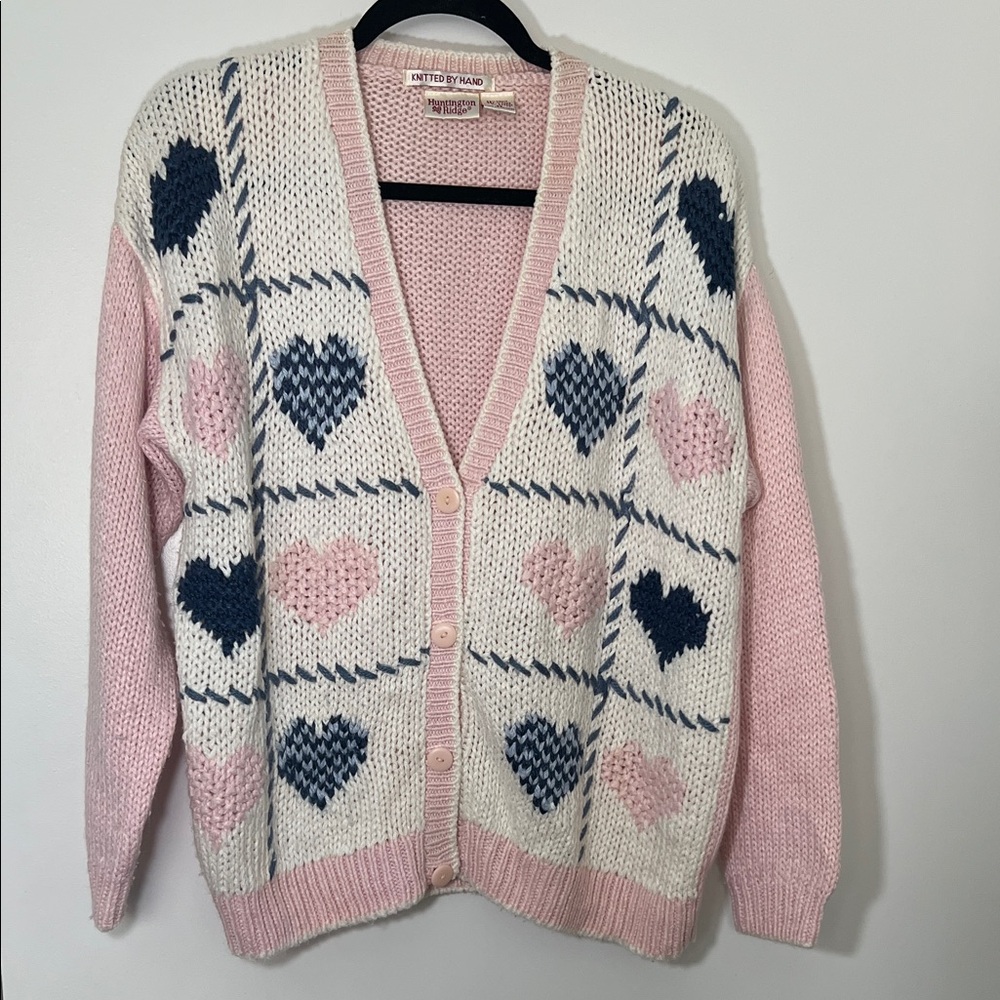 SOLD Vintage Hand Knit Heart Patterned Pink and Blue Cardigan
